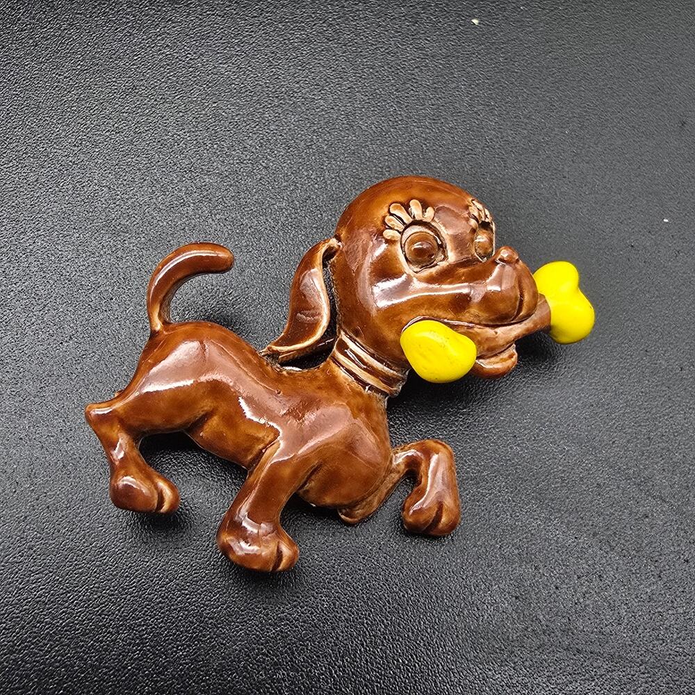Brown Enamel Dog Brooch with Yellow Bone Vintage Costume Jewelry
